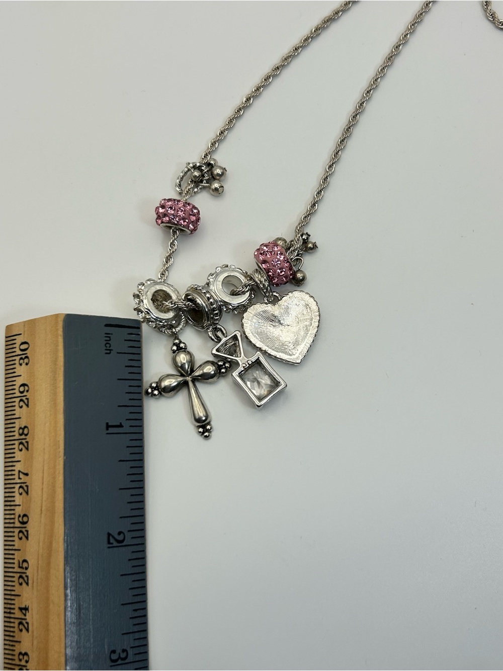 Sparkling Pink Crystals Charm Necklace Silver-tone Cross 30" Unsigned - Picture 13 of 13